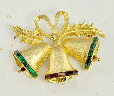 Joyous Triple Bell Christmas Pin with Rhinestones, Holly and Bow Signed PELL