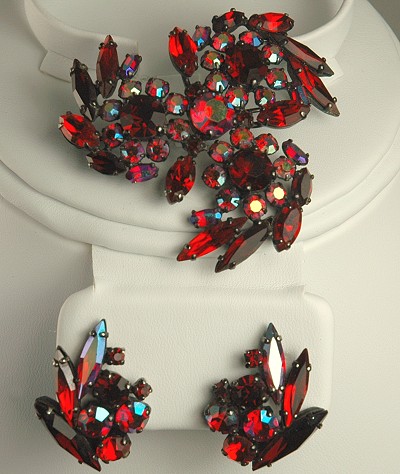 Spectacular Red Rhinestone and Japanned Metal Demi Parure Signed SHERMAN
