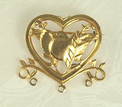 Vintage CORO Sterling Heart with Dove and Olive Branches Pin ~  BOOK PIECE