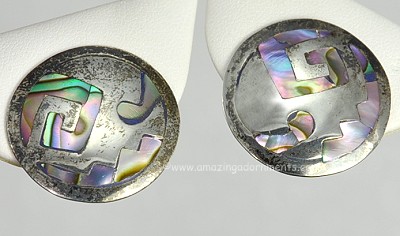 Vintage Signed AH Mexican Sterling and Abalone Inlay Earrings