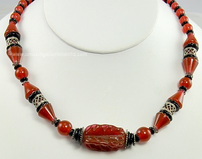 Lovely Old Amber Colored and Black Glass Bead Necklace