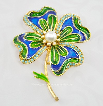 Vintage Enamel and Faux Pearl Floral Pin Signed ART
