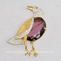 Fabulous Signed BELLINI Amethyst Glass Bellied Bird Pin with Pave Set Rhinestones