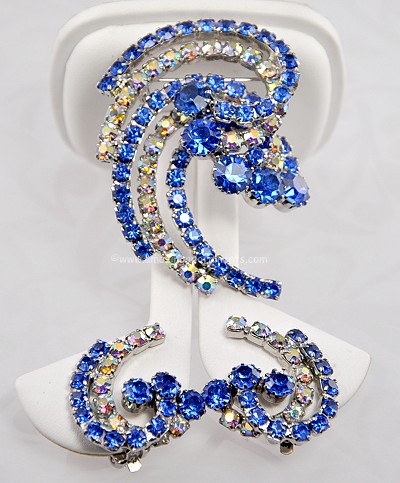 Tantalizing Vintage Blue and AB Rhinestone Wave Brooch and Earring Set