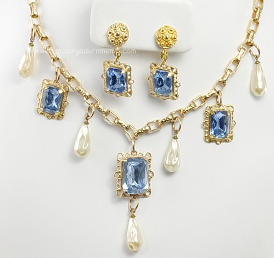 Sophisticated Vintage Blue Glass and Faux Pearl Necklace and Earring Set