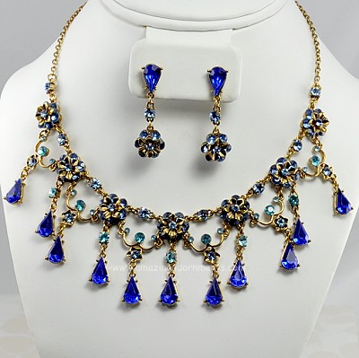 Stellar Shades of Blue Rhinestone Bib Necklace and Earring Set