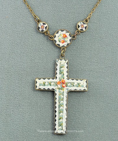 Heavenly Mosaic on Brass Cross Pendant Necklace Signed MADE in ITALY