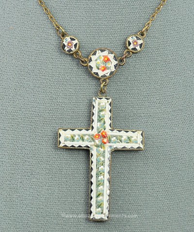 Heavenly Mosaic on Brass Cross Pendant Necklace Signed MADE in ITALY