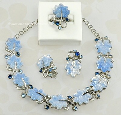 Vintage 1950s RARE Blue Thermoplastic Leaves and Rhinestone 3 Piece Parure Signed FLORENZA