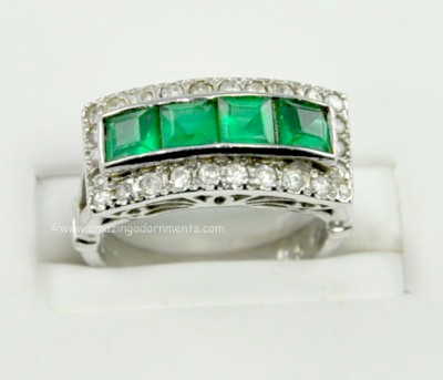 Signed Invisibly Set Emerald Glass and Clear Rhinestone Sterling Silver Ring~ Size 5.25