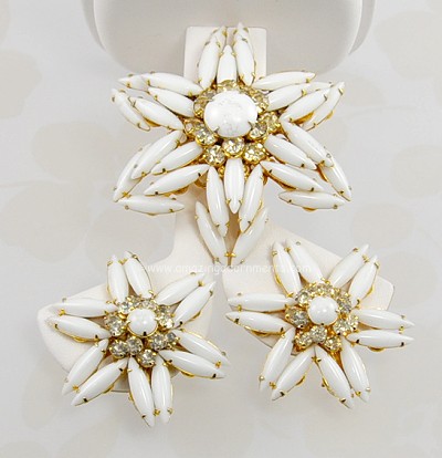 Exceptional Vintage White Glass and Rhinestone Star Flower Set Signed KIMBERLEE