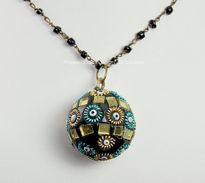 Unusual Vintage Mirrored Mosaic Disco Ball Necklace with Beaded Chain