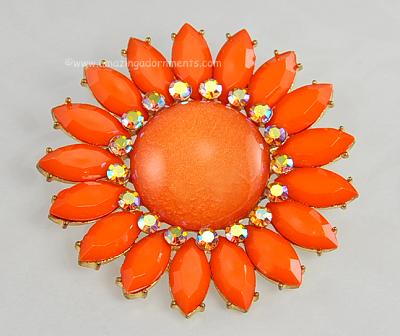 Vibrant Orange Glass and Aurora Borealis Rhinestone Daisy Flower Brooch