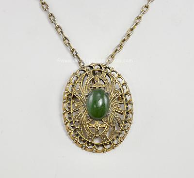 Vintage Lacy Pendent Necklace/Brooch Combo with Green Stone Signed PERI