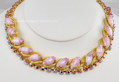 Fabulous Vintage Pink and White Candy Striped Glass and Rhinestone Necklace