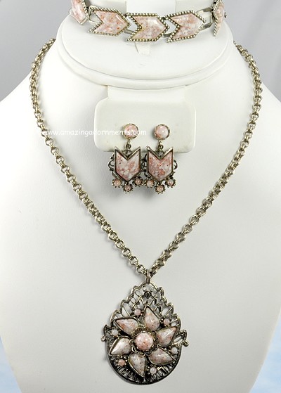Vintage Pale Rose and White Flecked Stone Bracelet, Necklace and Earring Set