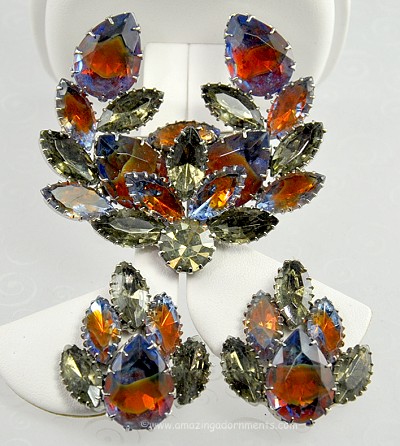 Vintage Brooch and Earring Set with Extravagant Rhinestones