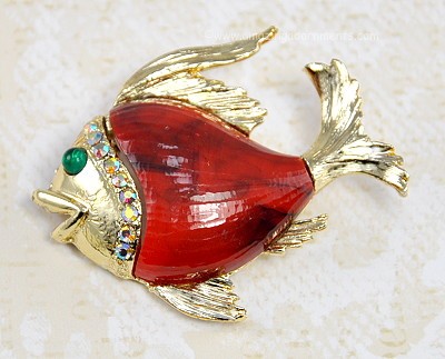 Endearing Mostly Red Ceramic and AB Rhinestone Fish Figural Brooch