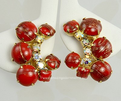 Vintage Red Goldstone and Aurora Borealis Rhinestone Earrings