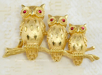 Heartwarming Three Owls on a Branch Pin with Rhinestones Signed CROWN TRIFARI