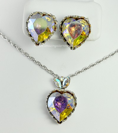 Vintage Signed VENDOME Necklace and Earring Set with Bountiful Heart Stones