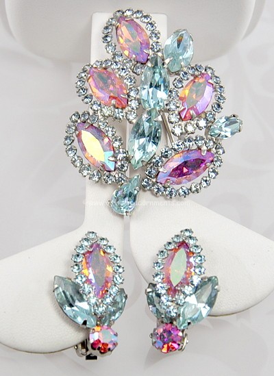 Dramatic Vintage Baby Blue and Pink Rhinestone Demi Parure Signed Weiss