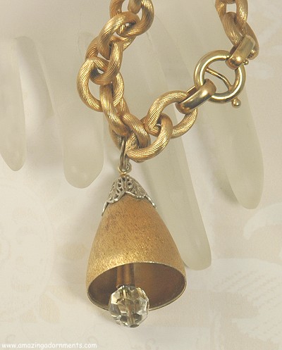 Vintage NAPIER Brushed Gold- tone Bell Charm Bracelet with Crystal Clapper