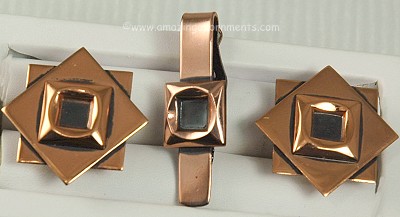 Polished Modernist Copper Cufflinks and Tie Bar Set Signed RENOIR