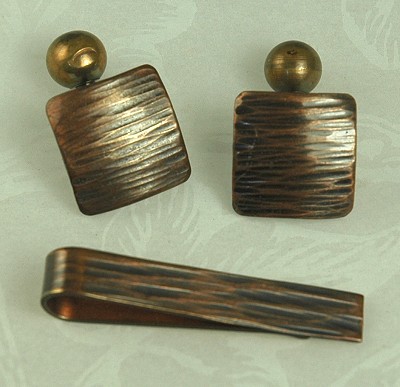 Understated Copper Cufflink and Tie- bar Signed REBAJES~  BOOK PIECE