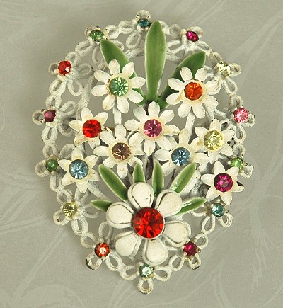 Lacy White Enamel and Colored Rhinestone Floral Pin/Brooch