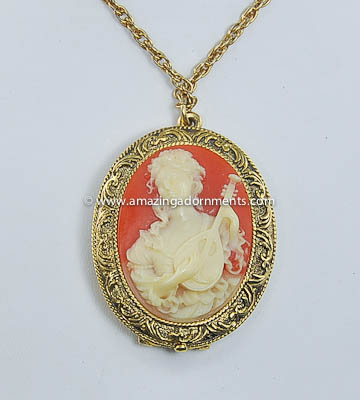 Splendid Vintage Signed CORDAY Cameo Locket Perfume Holder Necklace