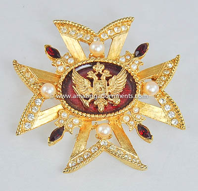 Ornate Treasures of the Czars Maltese Cross Brooch Inspired By Faberg