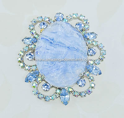 Gorgeous DELIZZA and ELSTER Blue Carved Geode Glass and Rhinestone Brooch