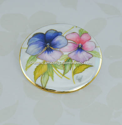 Vintage Unsigned Painted Pansy Flowers on Porcelain Brooch