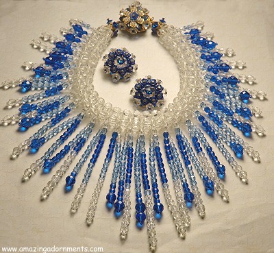 STANLEY HAGLER Cascading Crystal Runway Fringe Bib Necklace and Beaded Earring Set