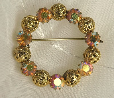 Vintage Pierced Gold- tone Ball and Aurora Borealis Rhinestone Circle Pin