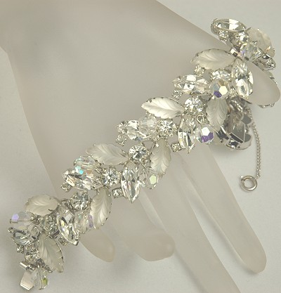 White Carved Leaves, Rhinestone and Crystal Bracelet Signed KRAMER