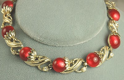 Mid- century Red Thermoplastic and Rhinestone Floral Motif Choker