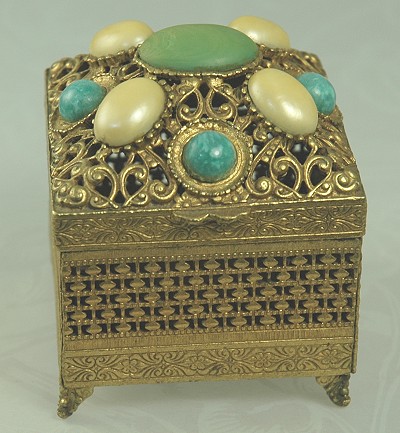 Fabulous Florenza Antique Look Gold- tone Jeweled Trinket Box