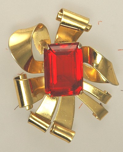 Whopping Vermeil Bow Brooch with Huge Faux Ruby Stone Signed STERLING CRAFT by CORO ~ BOOK PIECE