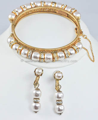 Vintage Signed MIRIAM HASKELL Faux Pearl and Rhinestone Bracelet and Earring Set