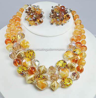 Vintage Signed VENDOME Multi- strand Necklace and Earring Set in Autumn Hues