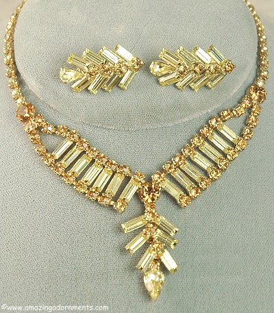 Gorgeous Citrine and Topaz Rhinestone Collar Look Necklace and Earring Set