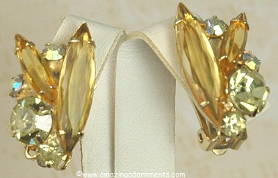 Desirable Vintage Citrine and Cognac Rhinestone Earrings Signed CORO