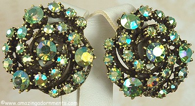 Vintage Swirl of Green Aurora Borealis Rhinestone Earrings
