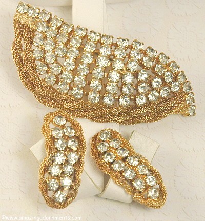 Vintage Rhinestone and Mesh Brooch and Earring Demi- parure