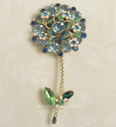 Premium Loaded Long Stem Rhinestone and Enamel Floral Pin Signed WEISS