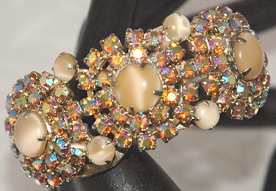 Opulent Vintage Aurora Borealis Rhinestone Clamper Bracelet