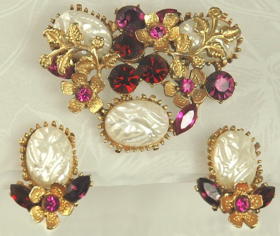 Miriam Haskell Look Rhinestone and Baroque Faux Pearl Brooch and Earring Set