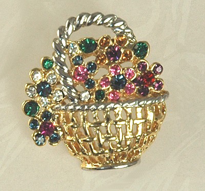 Vintage Colorful Rhinestone Flower Basket Pin